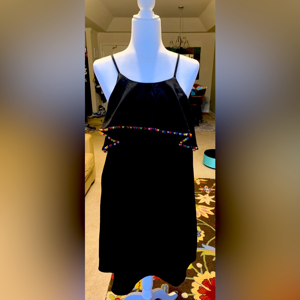 Love Riche black spaghetti strap dress with multicolor Pom-poms. New with tag.